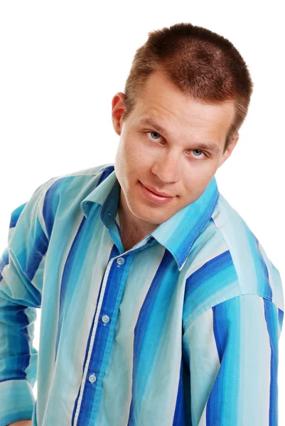 Mavi çizgili gömlekli genç adam — Stok fotoğraf
