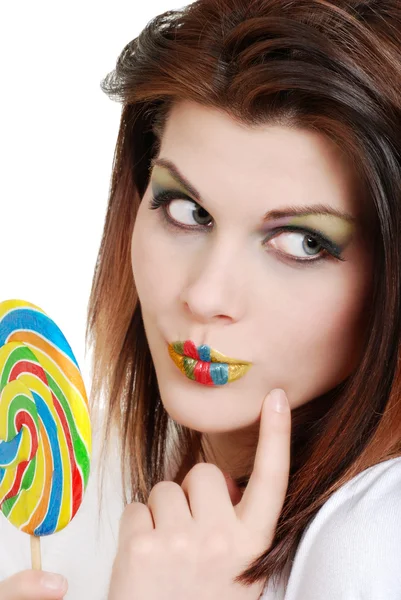 Ung kvinna med färgglada lollipop — Stockfoto