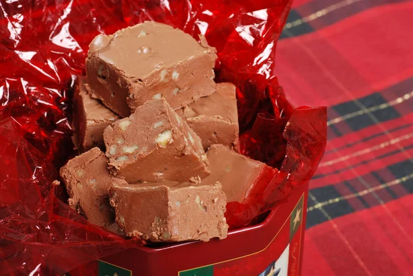 Christmas fudge in a tin — Stock Photo, Image