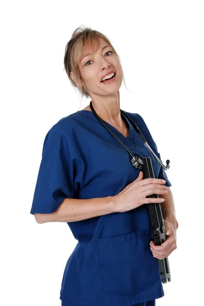 女护士携带一台笔记本电脑 — 图库照片