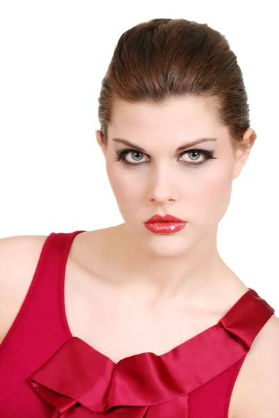 Headshot van jonge vrouw met rode lippenstift en terug naar boven — Stockfoto