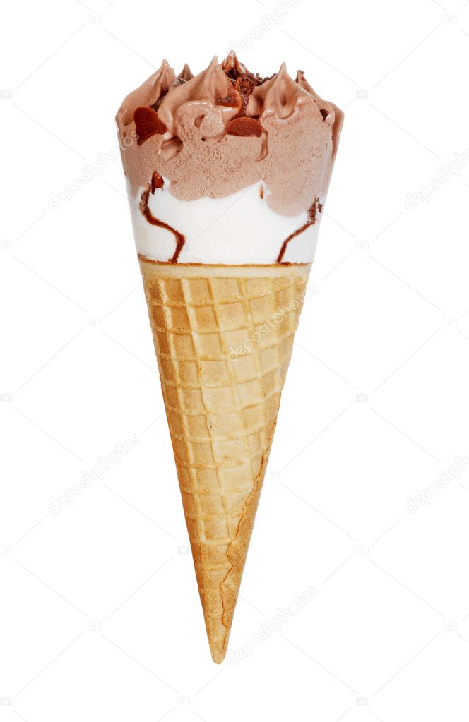 Chocolate vanilla ice cream waffle cone