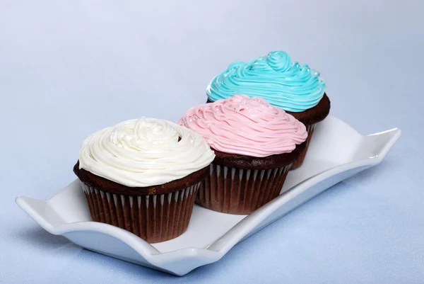 Blanco rosa azul esmerilado cupcakes de chocolate —  Fotos de Stock