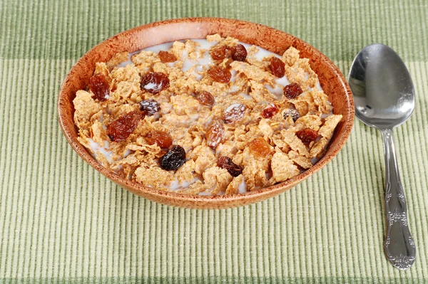 Bowl of bran and raisin cereal — Stock Photo, Image