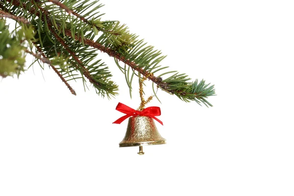 Gold bell on a spruce tree branch — Zdjęcie stockowe