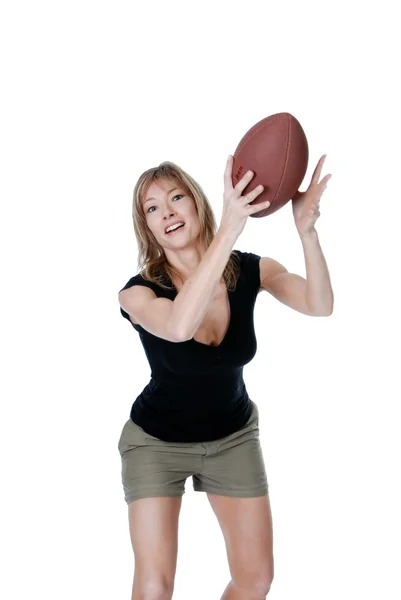 Kobieta łapanie piłki nożnej na białym tle — Zdjęcie stockowe