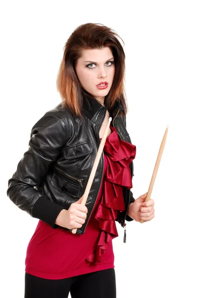 Mujer joven con palos de tambor — Foto de Stock