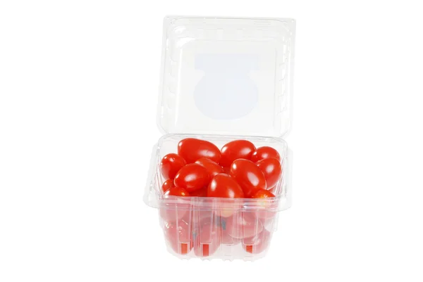 Cherry tomaten in een plastic container — Stockfoto
