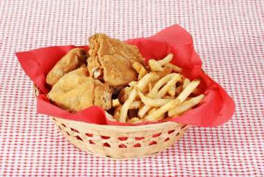 Fried chicken and french fries in basket clipart