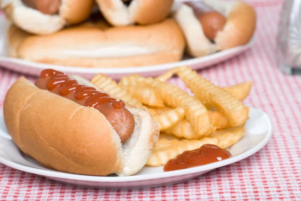 Hotdog és sült burgonyával, ketchuppal — Stock Fotó