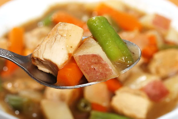 Macro chicken stew on a spoon — Stock Photo, Image