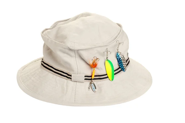 Khaki hat with fishing tackle — Stock Photo, Image