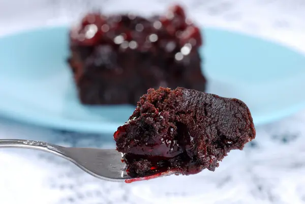Fork of cranberry brownie dessert — Stock Photo, Image
