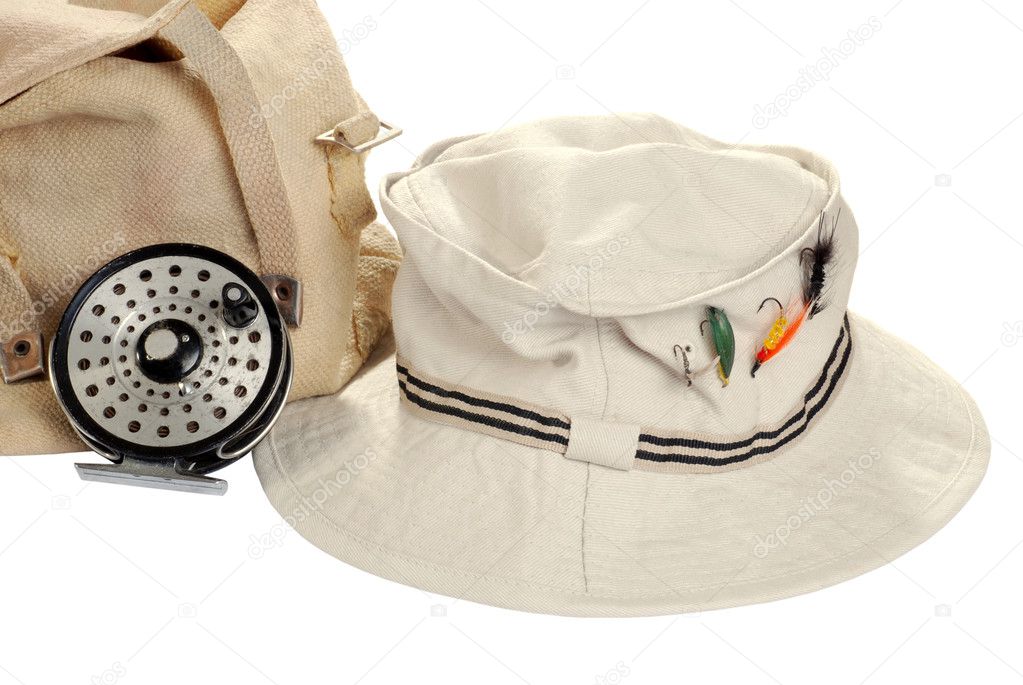 Khaki hat with fly fishing equipment