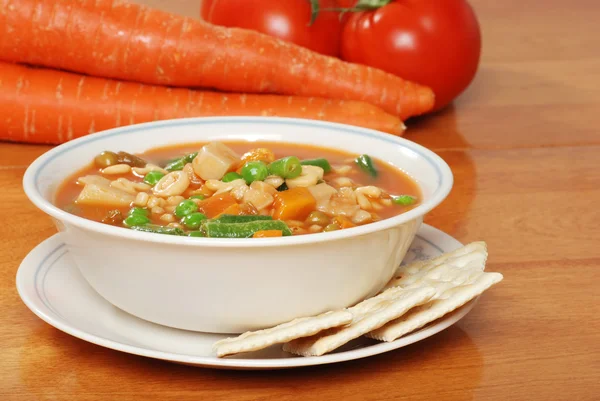 Vegetable soup with crackers — Stock Photo, Image