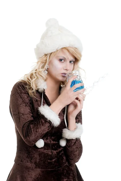 Ice princess holding an icicle wand and drinking from a crystal glass — Stock Photo, Image