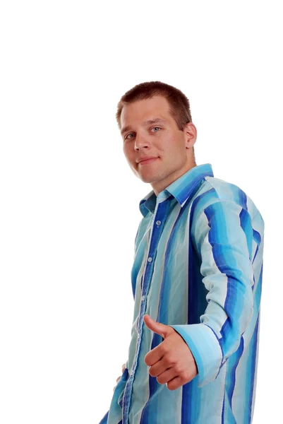 Uomo in camicia colorata dando pollici in su — Foto Stock