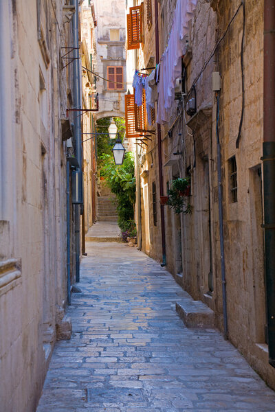 Narrow street in the historic center of Dubrovnik, Croatia