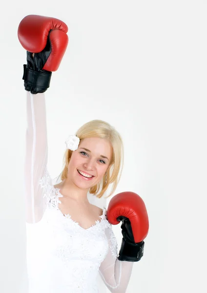 Bride wearing boxing gloves — Stock Photo, Image