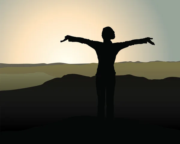 Silhouetted ragazza in cima alla montagna tramonto — Vettoriale Stock