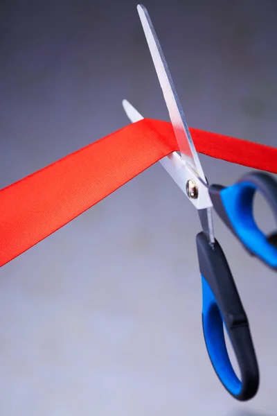 Closeup image of scissors cutting a red — Stock Photo, Image