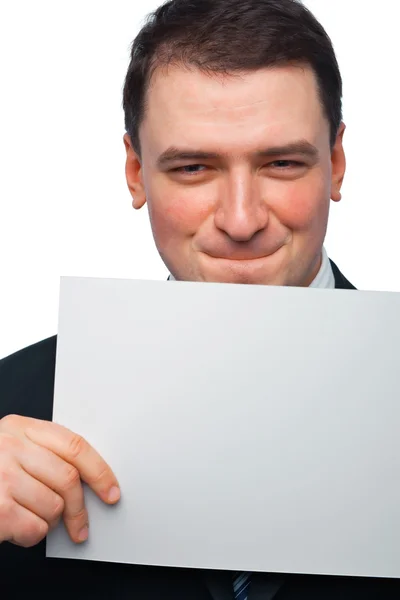 Closeup Portrait of a Young Businessman Holding a Blank Billboar — Stock Photo, Image