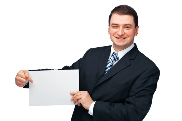 Uomo d'affari che tiene un tabellone per le affissioni vuoto — Foto Stock