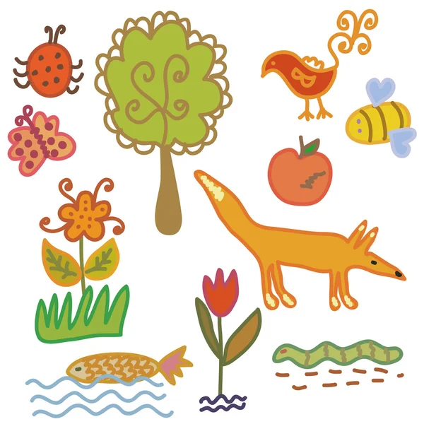 Conjunto de símbolos de la naturaleza y animales — Vector de stock