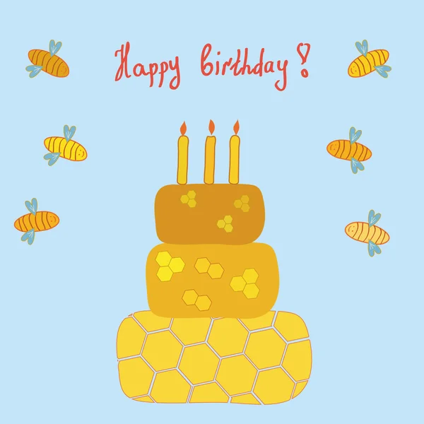 З днем народження листівка з медовим тортом — стоковий вектор