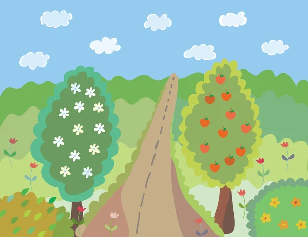 Luminoso paesaggio dei cartoni animati con alberi — Vettoriale Stock