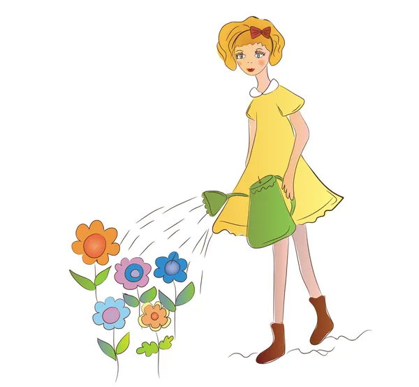 Menina regando flores — Vetor de Stock