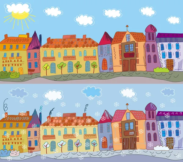 Town in summer and winter — Stock Vector