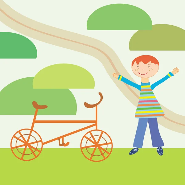 Cartoon boy and bicycle — Stock Vector