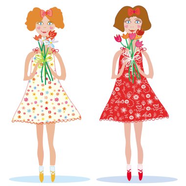 Two cute girls with flowers clipart