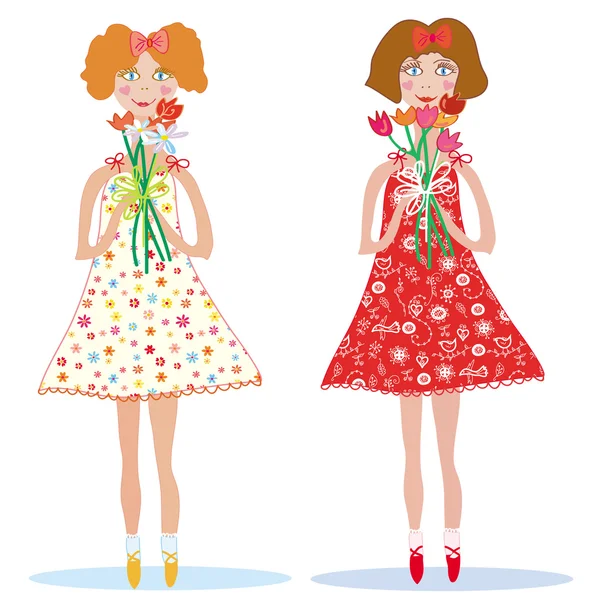 Две милые девушки с цветами — стоковый вектор
