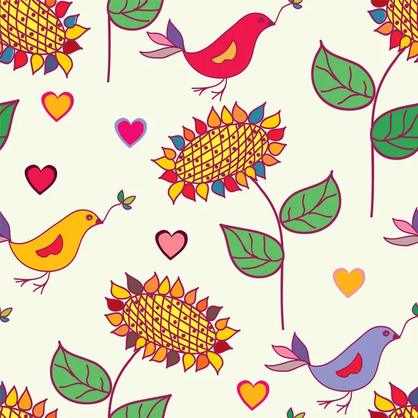 Αστεία λουλουδάτο μοτίβο άνευ ραφής με πουλιά — Διανυσματικό Αρχείο