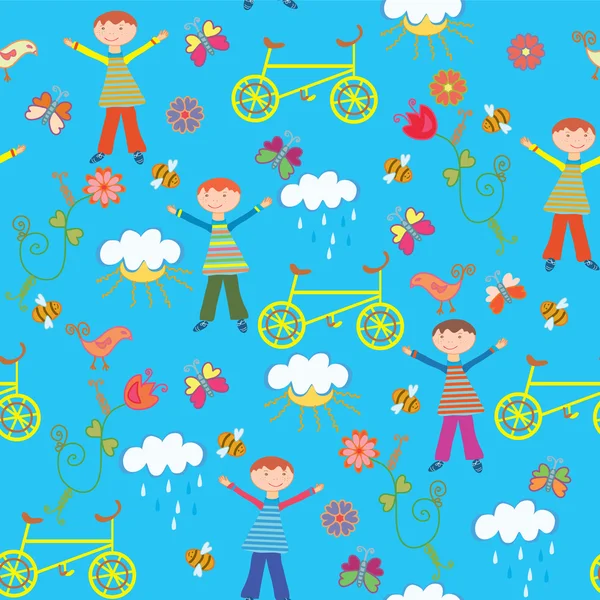 Mignon modèle sans couture avec garçon et vélo — Image vectorielle