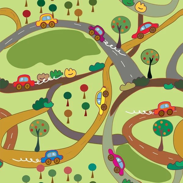 Cartoon nahtlose Muster mit Autos und Straßen — Stockvektor
