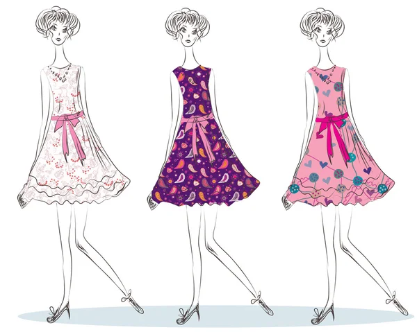 Flickor i klänningar som mönster — Stock vektor