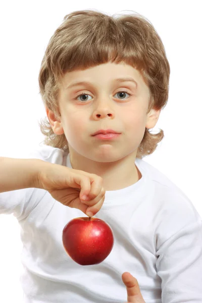 Gutt med eple – stockfoto
