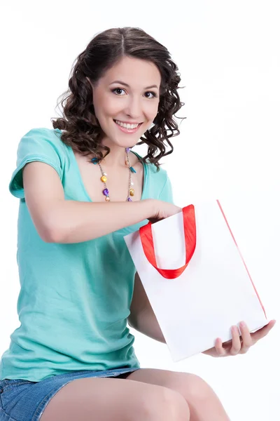 Young Emotional Woman With Paper Bag — Stock Photo, Image