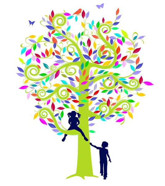 Renkli ağaç ve çocuklar — Stok Vektör