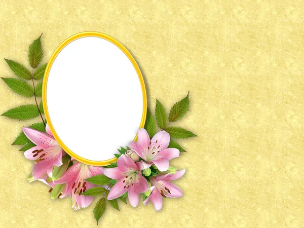 金色框和花卉美丽花束 — 图库照片