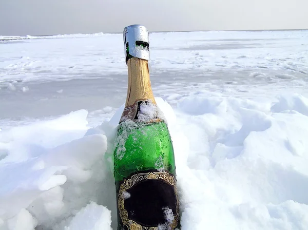 El champán en la nieve Fotos de stock libres de derechos