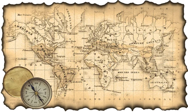 古代的世界地图。指南针 — 图库照片