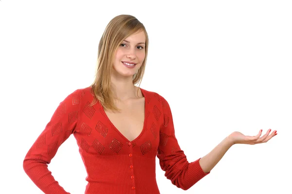 Girl with advertise gesture — Stock Photo, Image