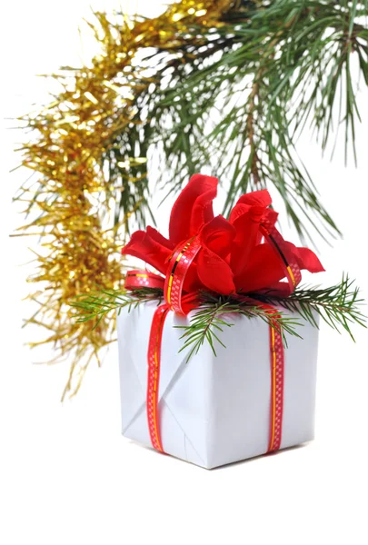 Beyaz kutu kırmızı fiyonklu hediye paketi — Stok fotoğraf