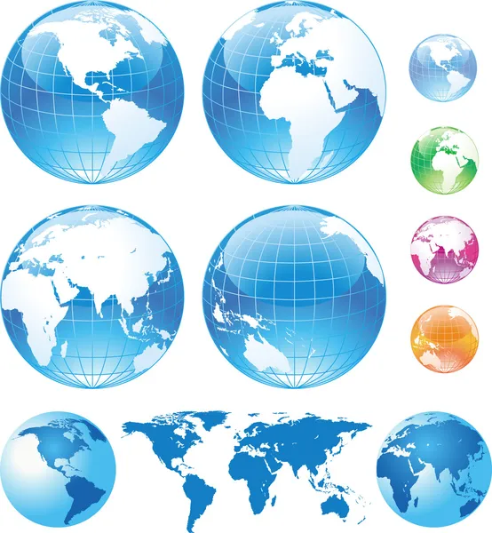 Kolor błyszczący globusy i mapa — Wektor stockowy