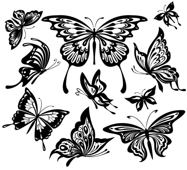 Um conjunto de borboletas pretas e brancas — Vetor de Stock