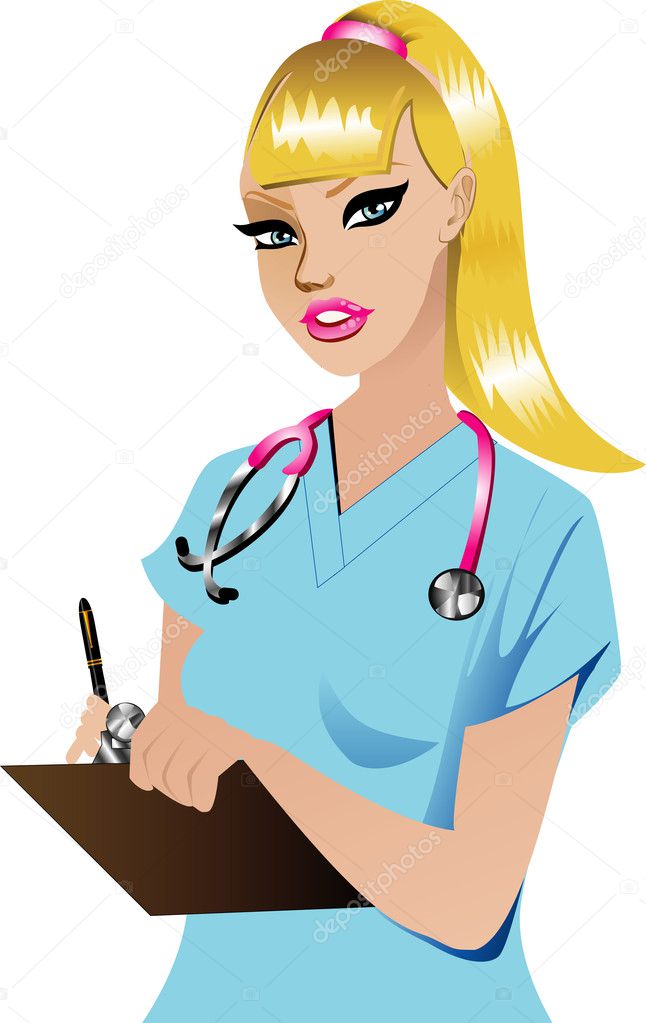Enfermeira bonito dos desenhos animados com cabelo loiro com um casaco  branco com uma mala vermelha, Vetor Premium